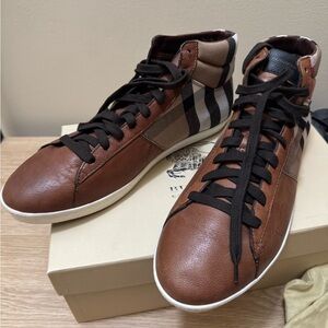 Burberry Brown Leather and Canvas High Top Hybrid Dress Sneakers Size UK 9 EU 43